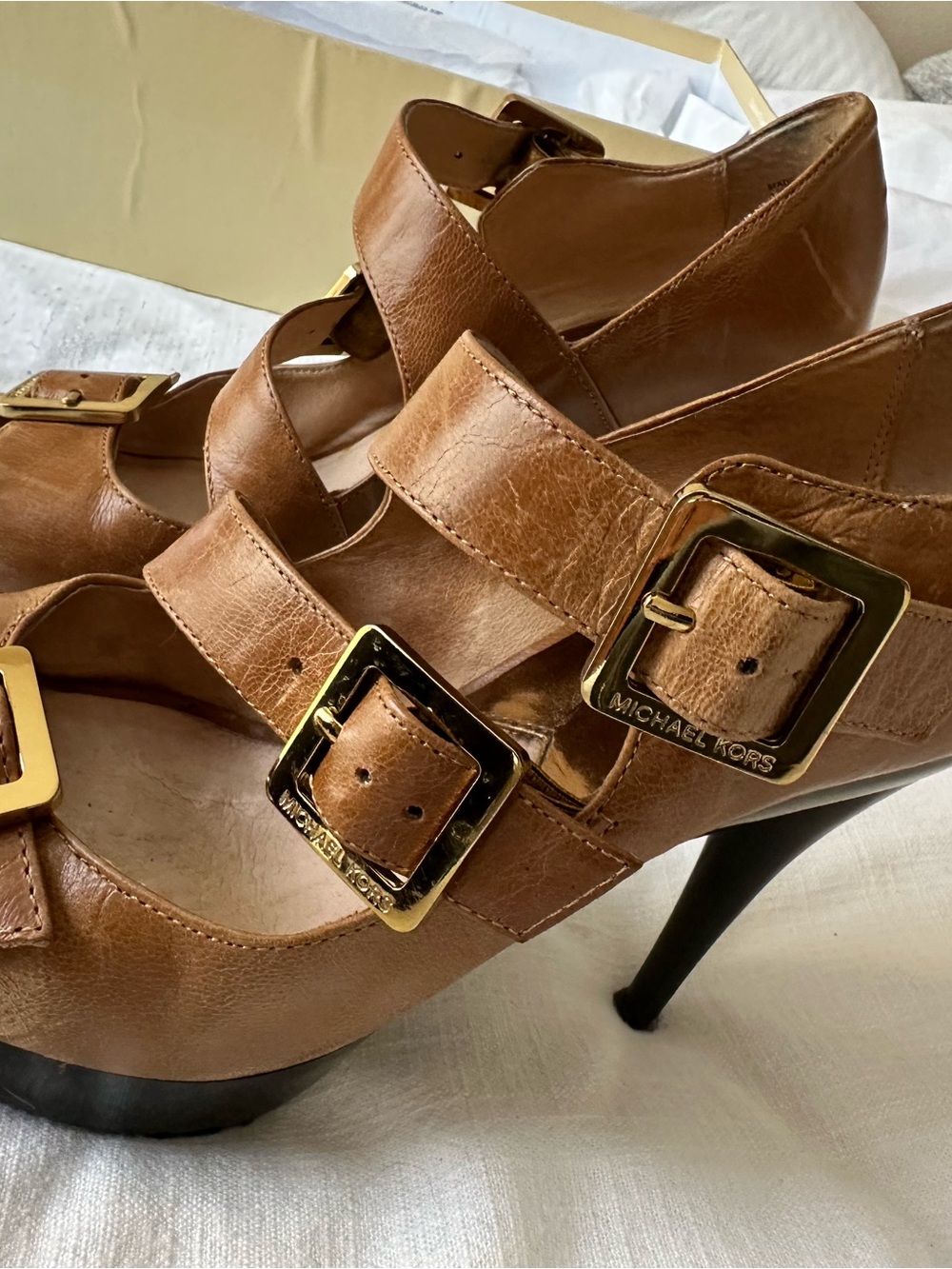 Michael Kors Khaki 3-Buckle Leather Platform Heel Sandal